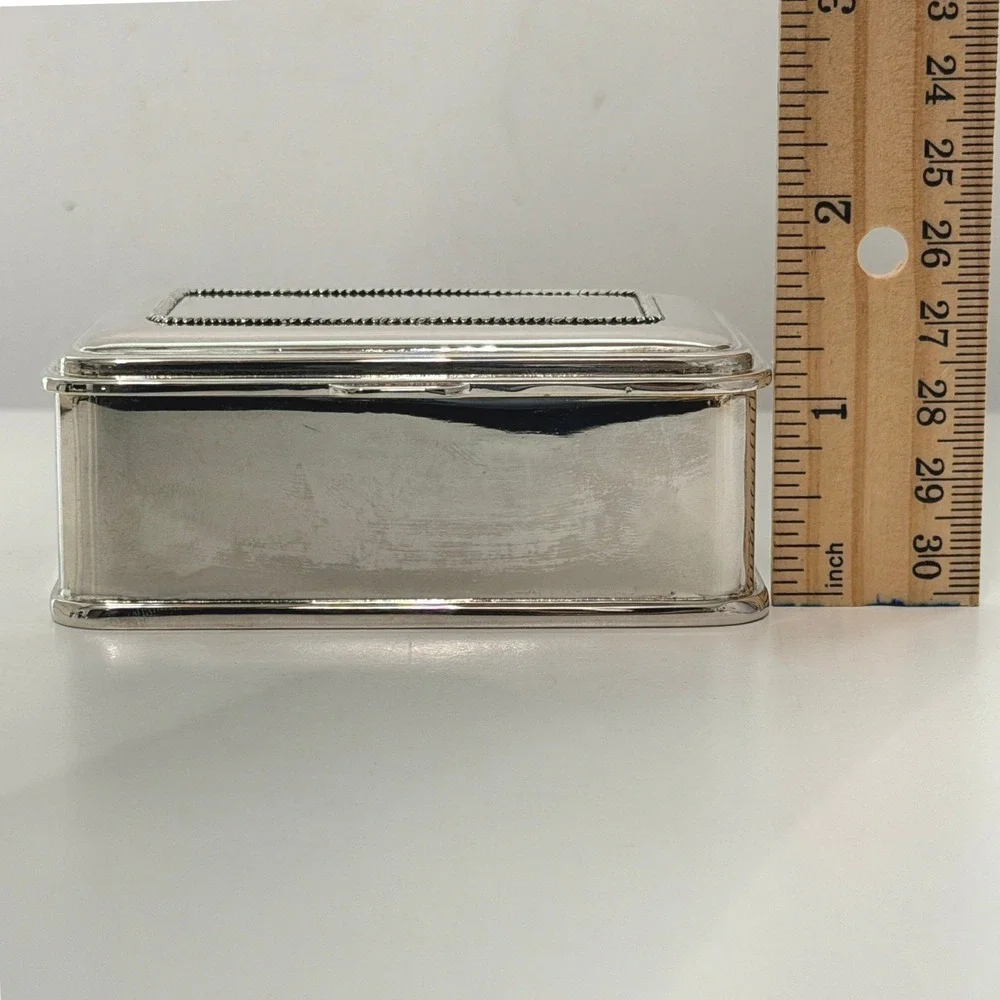 Vintage Silver Plate Trinket Box Blue Velvet Lined Jewelry Keepsake Box